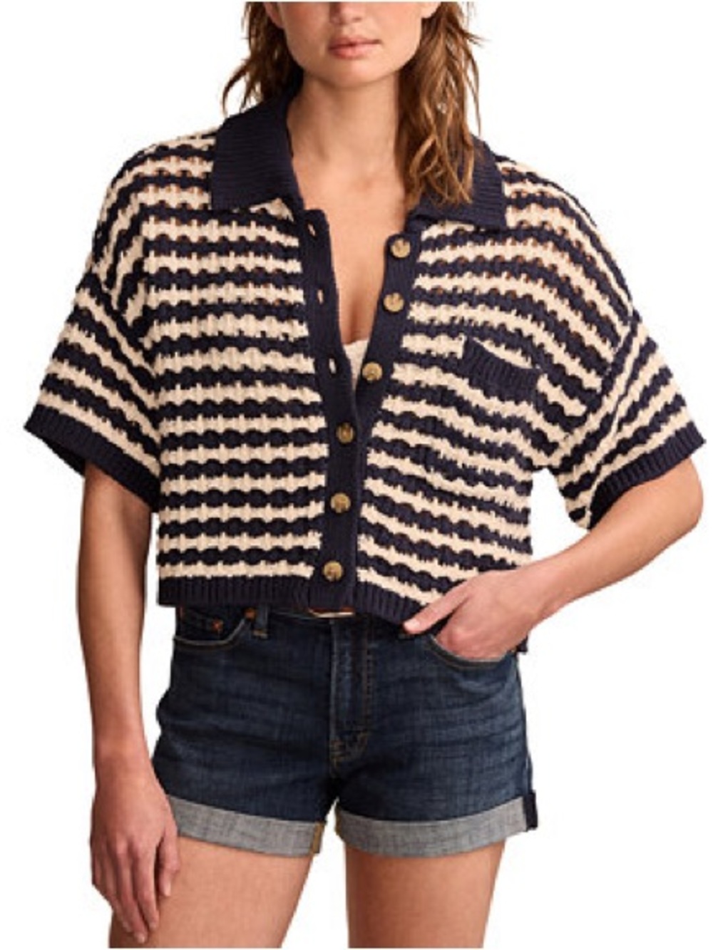 Lucky Brand Navy and White Striped Short-Sleeve Button Cardigan